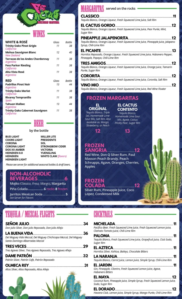 Fat Cactus South of the Border Menu Prices